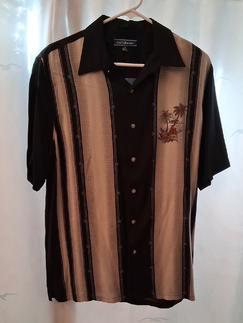 croft & barrow Black and Beige Vertical Stripe Camp Shirt with Palm Embroidery